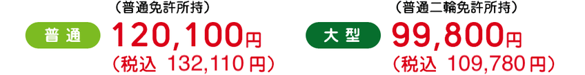 普通132,110円(普通免許取得時)大型109,780円(普通二輪免許所持)